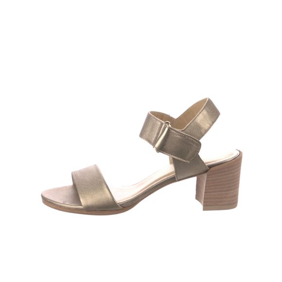 Stuart Weitzman Sandals Womens 6.5 Metallic Pewter Gold Leather Open Toe Shoes - Picture 13 of 13